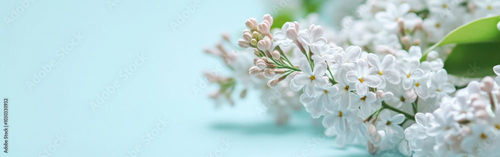 Elegant arrangement of blooming white lilacs on a serene blue backdrop for springtime vibes Elegant arrangement of blooming white lilacs on a serene blue backdrop for springtime vibes