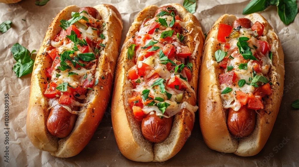 Deliciously topped hot dogs with fresh vegetables and herbs served on parchment paper in a casual dining setting Deliciously topped hot dogs with fresh vegetables and herbs served on parchment paper in a casual dining setting