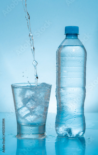 Water stream splashing on frozen glass cup filled with water and ice next to plastic bottle on wet reflective blue surface