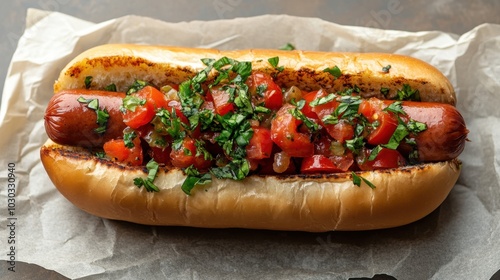 Delicious hot dog topped with fresh salsa and herbs served on a toasted bun at a summer picnic celebration