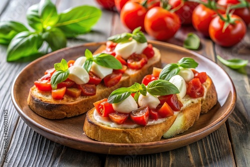 Italian appetizer bruschetta with tomato sauce, mozzarella, and fresh basil on a plate