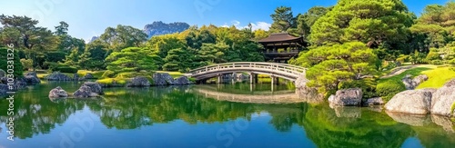 Tranquil Japanese Garden with Wooden Bridge, Green Trees and Calm Waters - Peaceful Harmony with Nature Panoramic Photography