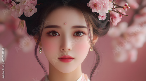 A Beautiful Chinese Girl in Traditional Hanfu, Dressed in Elegant Pink with Intricate Patterns, Exuding Grace and Charm, Set Against a Serene Background That Enhances Her Timeless Beauty. 