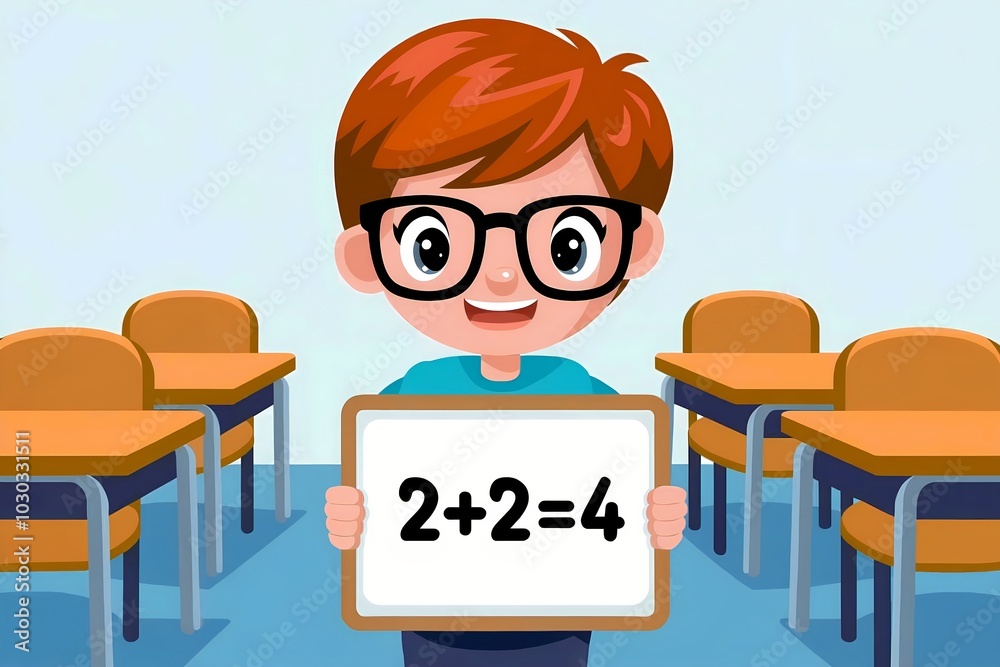 Happy child holding math sign in classroom cartoon illustration Happy child holding math sign in classroom cartoon illustration