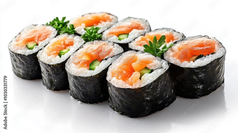 Delicious sushi rolls neatly arranged on a white background, highlighting fresh ingredients and vibrant colors for a culinary delight Delicious sushi rolls neatly arranged on a white background, highlighting fresh ingredients and vibrant colors for a culinary delight