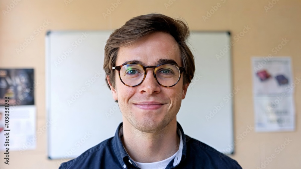 Smiling young professional with glasses in office setting Smiling young professional with glasses in office setting