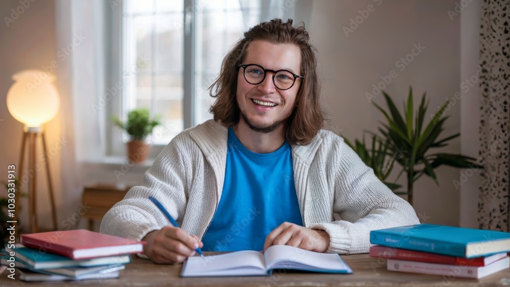 Young man studying at home with books and laptop in cozy room Young man studying at home with books and laptop in cozy room