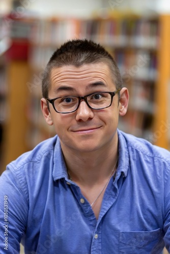 Young man in glasses smiling confidently in a library setting