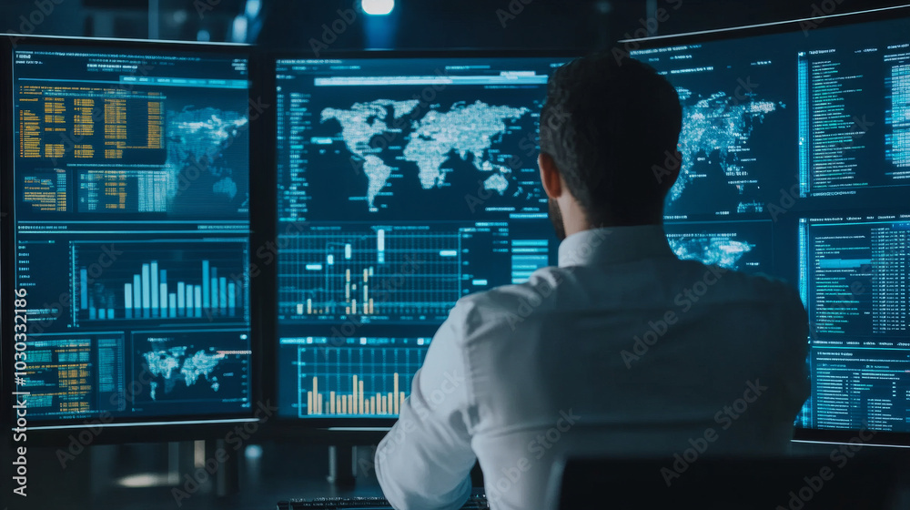 An analyst working in a Business Analytics and Data Management System to generate reports, showcasing KPIs and metrics connected to a database. This scene highlights corporate strategy across finance, An analyst working in a Business Analytics and Data Management System to generate reports, showcasing KPIs and metrics connected to a database. This scene highlights corporate strategy across finance,