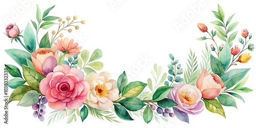 Fototapeta Naklejka Na Ścianę i Meble -  Minimalist watercolor composition of flowers and leaves on white background