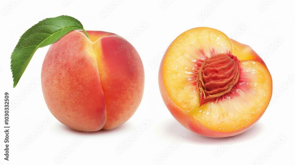 Peaches with green leaves on white background Peaches with green leaves on white background
