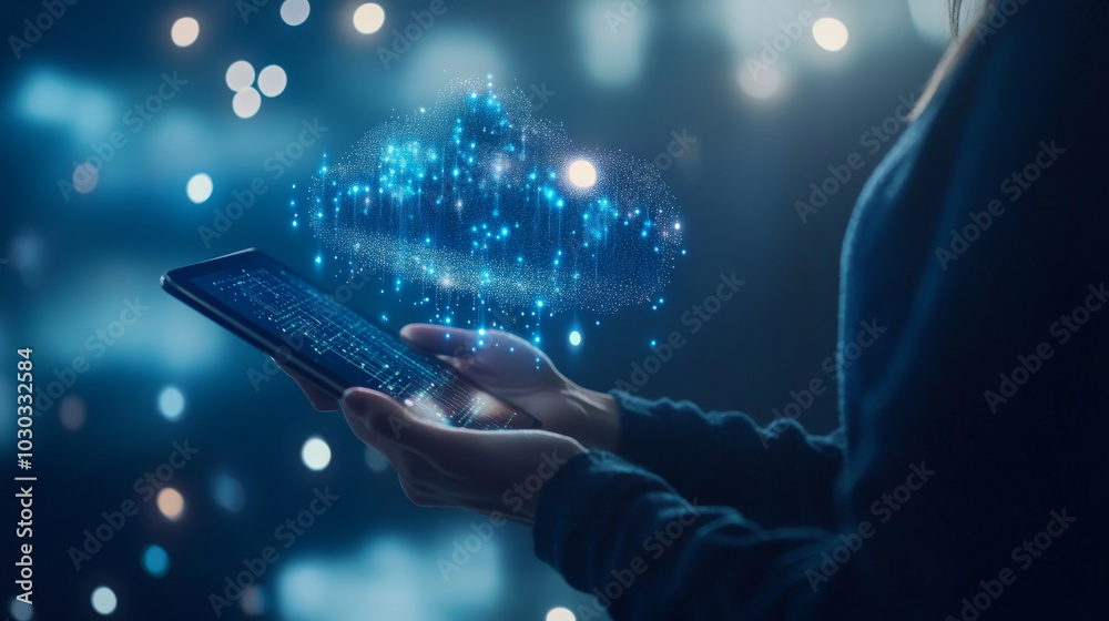 Data analytics, AI, and database management technology concept: An IT specialist working on a digital tablet, connecting with a cloud server and data center in the background. The scene highlights dat