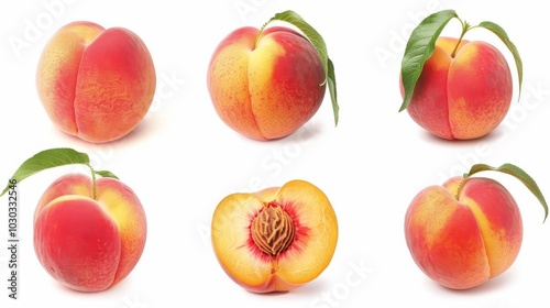 set of peaches with green leaves on white background