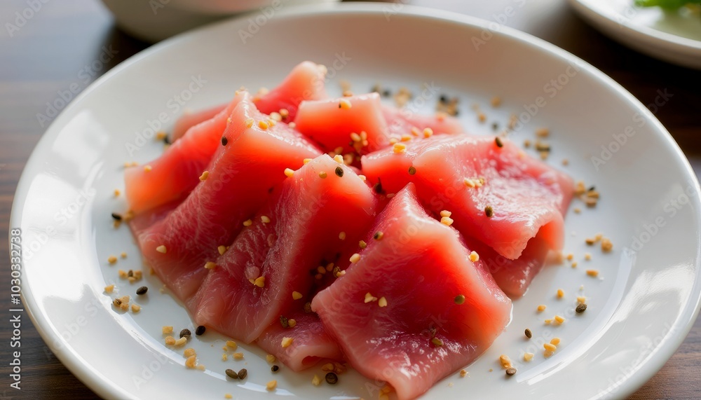 Fresh sashimi slices served on a white plate with sesame seeds Fresh sashimi slices served on a white plate with sesame seeds