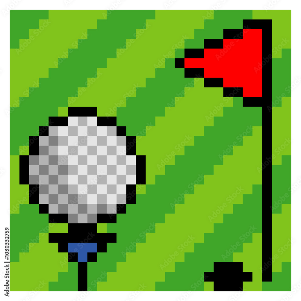Fototapeta premium Golf ball on golf course in pixel art style