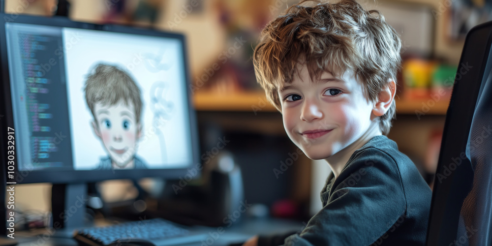 Young boy with a picture drawn of himself using the computer. Young boy with a picture drawn of himself using the computer.