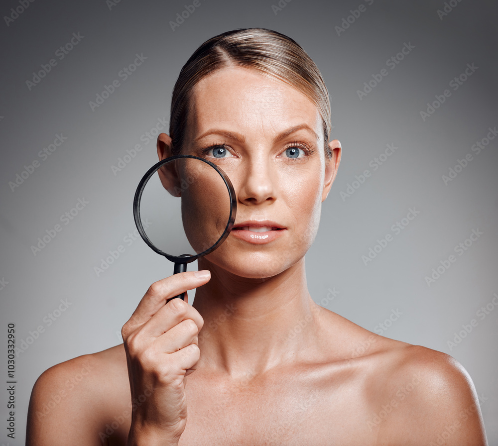 Mature woman, portrait and skincare with magnifying glass, cosmetics and glow on studio background. Female person, facial treatment and collagen for cosmetology, beauty and anti aging for dermatology Mature woman, portrait and skincare with magnifying glass, cosmetics and glow on studio background. Female person, facial treatment and collagen for cosmetology, beauty and anti aging for dermatology