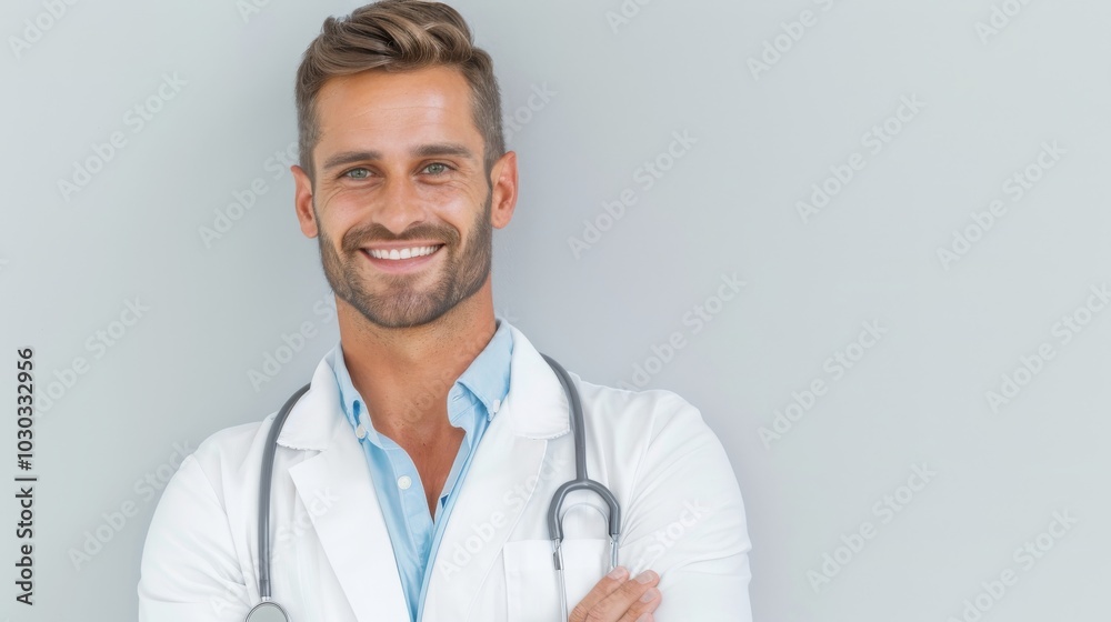 Close-up portrait of cheerful lauging young male doctor with stethoscope around neck Close-up portrait of cheerful lauging young male doctor with stethoscope around neck