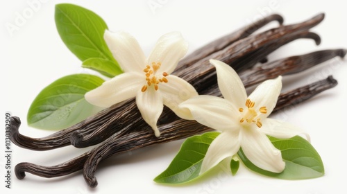 Vanilla flower and pods with leaves isolated on a white background