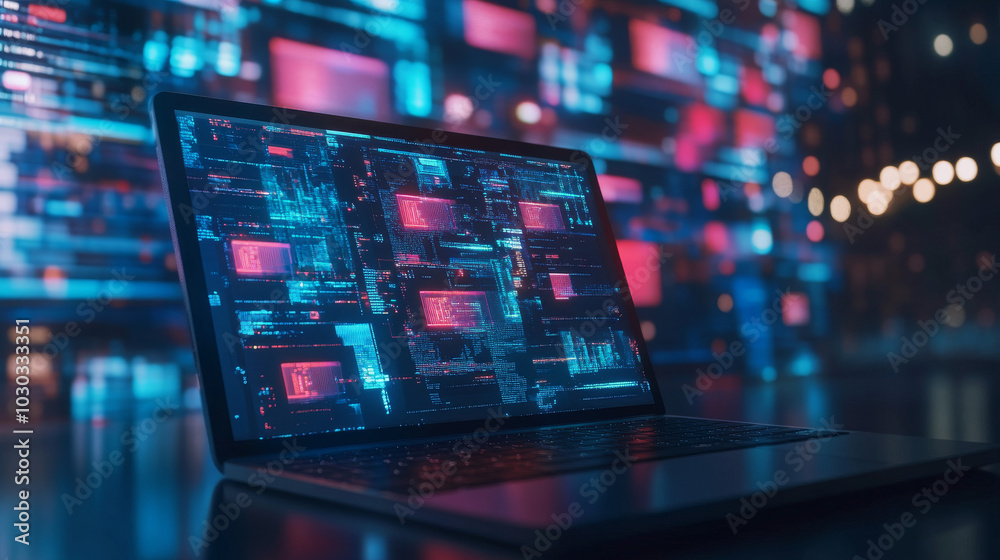 Virtual networking concept: A laptop displaying screens showing content creation and media streaming, symbolizing the digital interconnectedness of online platforms and the flow of media in a virtual Virtual networking concept: A laptop displaying screens showing content creation and media streaming, symbolizing the digital interconnectedness of online platforms and the flow of media in a virtual