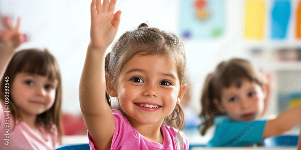 A group of happy children sitting at desks in an elementary school classroom, raising their hands and rushing for the teacher's attention. A group of happy children sitting at desks in an elementary school classroom, raising their hands and rushing for the teacher's attention.