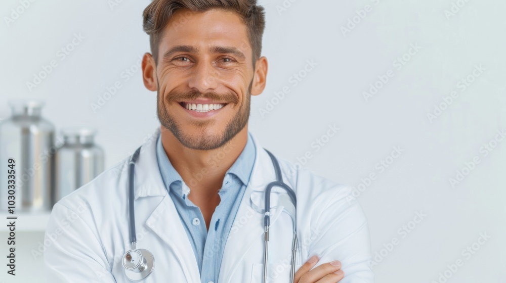 Close-up portrait of cheerful lauging young male doctor with stethoscope around neck Close-up portrait of cheerful lauging young male doctor with stethoscope around neck