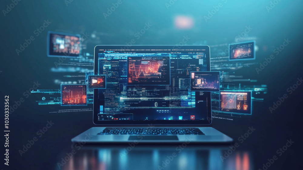 Virtual networking concept: A laptop displaying screens showing content creation and media streaming, symbolizing the digital interconnectedness of online platforms and the flow of media in a virtual