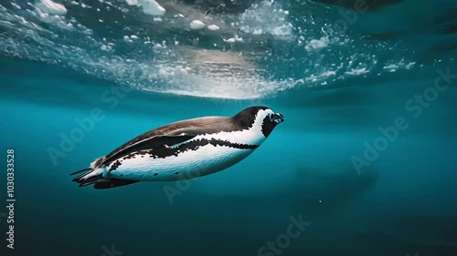 A penguin swimming underwater, beneath ice. photo