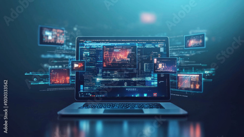 Obraz na płótnie Virtual networking concept: A laptop displaying screens showing content creation and media streaming, symbolizing the digital interconnectedness of online platforms and the flow of media in a virtual w salonie