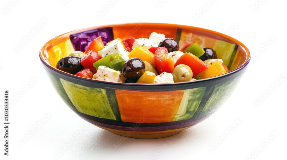 A colorful salad bowl featuring a Mediterranean mix of olives, feta cheese, and bell peppers, beautifully displayed on a pristine white background. A colorful salad bowl featuring a Mediterranean mix of olives, feta cheese, and bell peppers, beautifully displayed on a pristine white background.