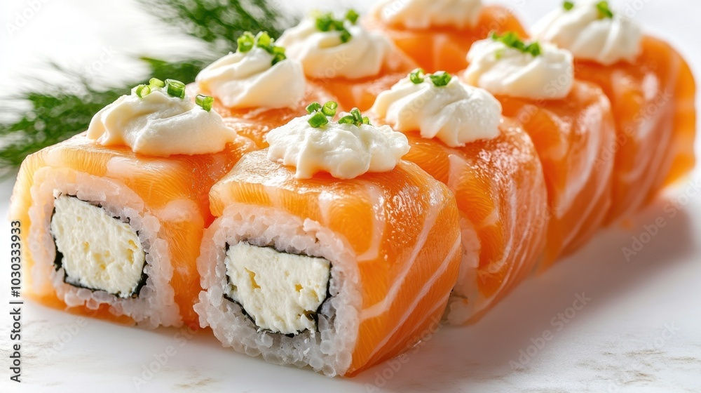 Delicious salmon sushi rolls garnished with creamy topping, showcasing exquisite culinary art from a vibrant sushi restaurant Delicious salmon sushi rolls garnished with creamy topping, showcasing exquisite culinary art from a vibrant sushi restaurant