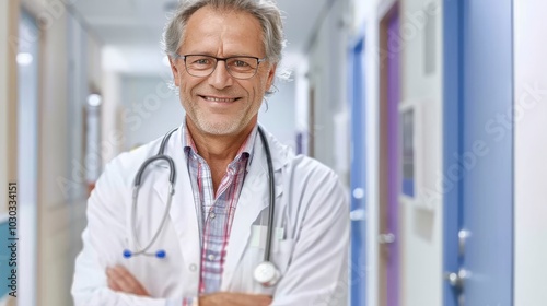 Smiling mature senior doctor wearing glasses, stethoscope and white lab medical coat