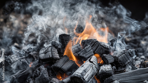 A close-up of burning wood transforming into charcoal, with smoke rising and flames dancing, showcasing the process of carbonizing wood into fuel.