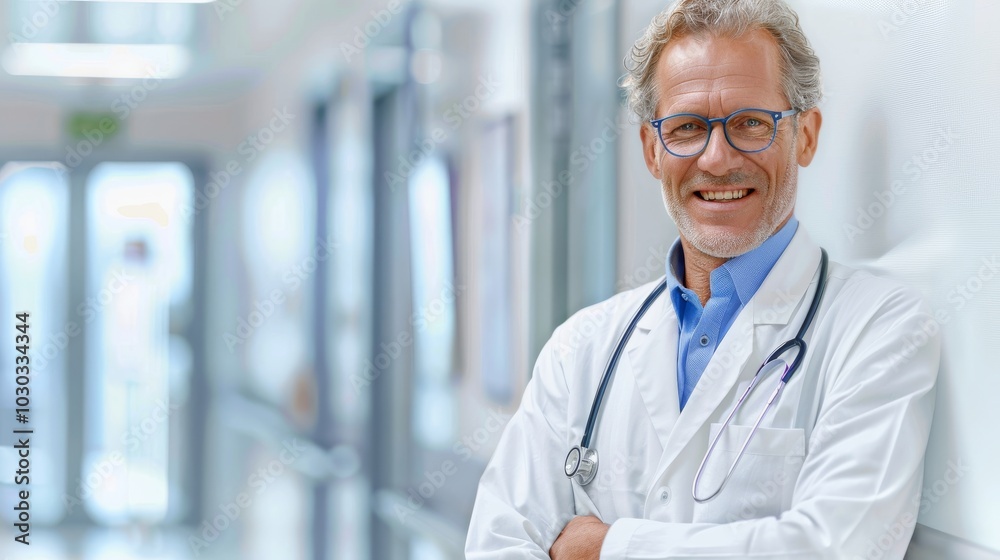 Smiling mature senior doctor wearing glasses, stethoscope and white lab medical coat Smiling mature senior doctor wearing glasses, stethoscope and white lab medical coat