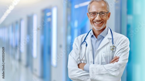 Smiling mature senior doctor wearing glasses, stethoscope and white lab medical coat