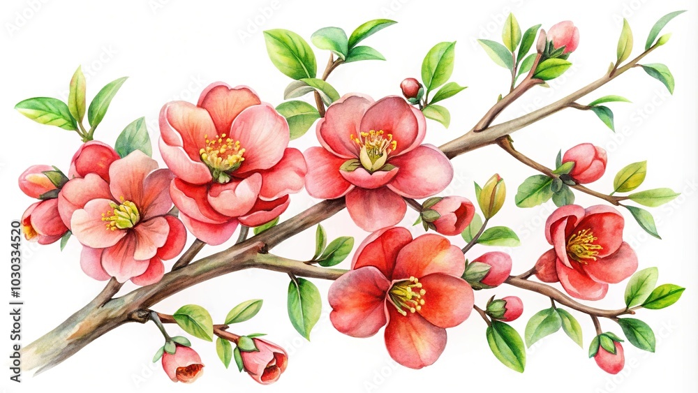 Japanese quince flowers on branch, Chaenomeles japonica pink flowers in Japanese style watercolour aerial view Japanese quince flowers on branch, Chaenomeles japonica pink flowers in Japanese style watercolour aerial view