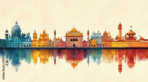 Amritsar, India, classic traditional wood block print effect. Woodblock printing. Graphic designed, illustration for travel poster, card, wallpaper, backdrop or banner. Modern, trendy