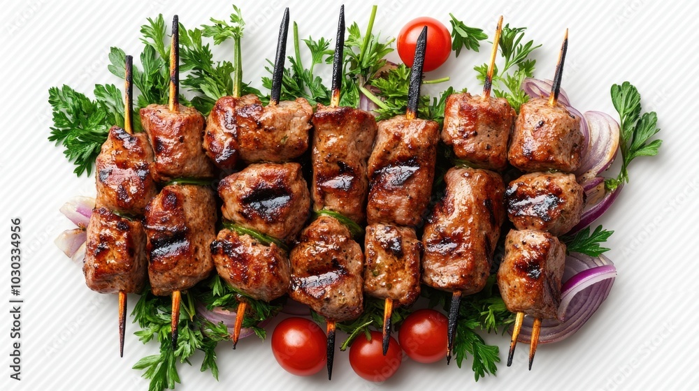 Grilled meat skewers with vibrant vegetables and herbs, a perfect feast for summer gatherings and barbecues Grilled meat skewers with vibrant vegetables and herbs, a perfect feast for summer gatherings and barbecues