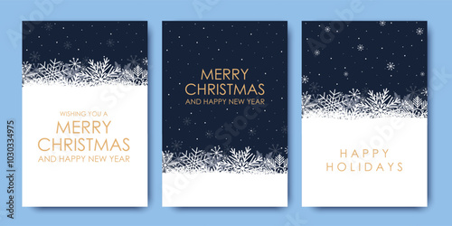 Set of Merry Christmas and Happy New Year cards with snowflakes, cards and invitations to corporate events. Snowflakes on a blue background. Winter vector illustration
