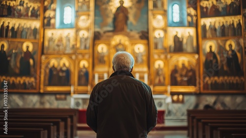 An elderly man reflects on his faith in church, surrounded by sacred icons on a special day