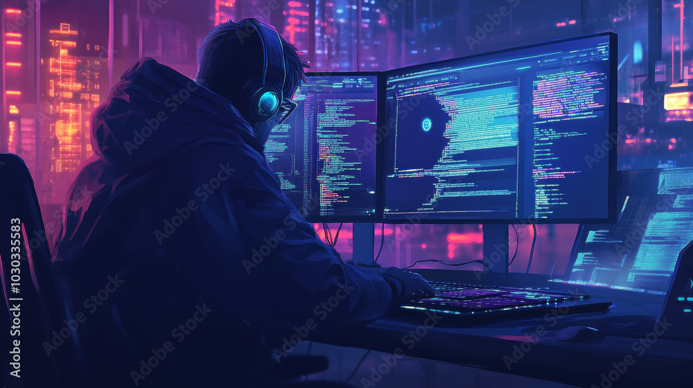 A hacker attempts to breach cybersecurity by bypassing the firewall with stolen passwords, while artificial intelligence on the computer screen detects and alerts to the ongoing attack.
A hacker attempts to breach cybersecurity by bypassing the firewall with stolen passwords, while artificial intelligence on the computer screen detects and alerts to the ongoing attack.
