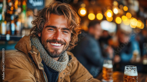 Wallpaper Mural Man laughing with friends in a cozy pub, holding a glass of beer. Warm atmosphere for social gatherings, relaxation, and friendship Torontodigital.ca