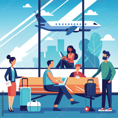 people waiting for flight aeroplane in airport vector illustration graphic design
