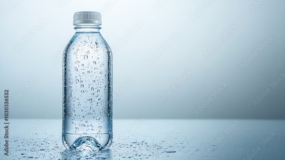 A plastic water bottle with condensation on it. A plastic water bottle with condensation on it.