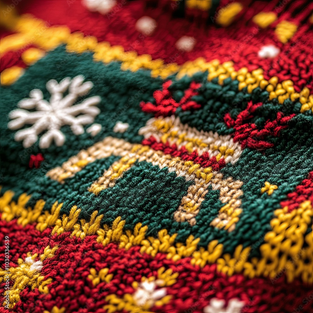Fototapeta premium Close-up of a vibrant Christmas jumper with intricate snowflake and reindeer patterns, soft wool textures