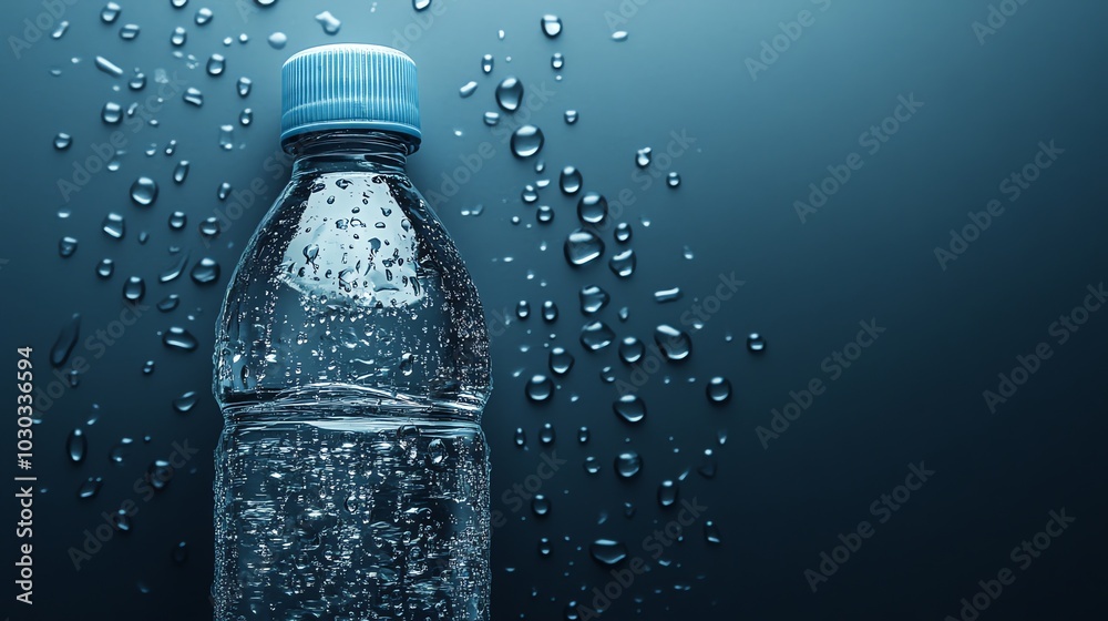 A close up of a water bottle covered in condensation. A close up of a water bottle covered in condensation.
