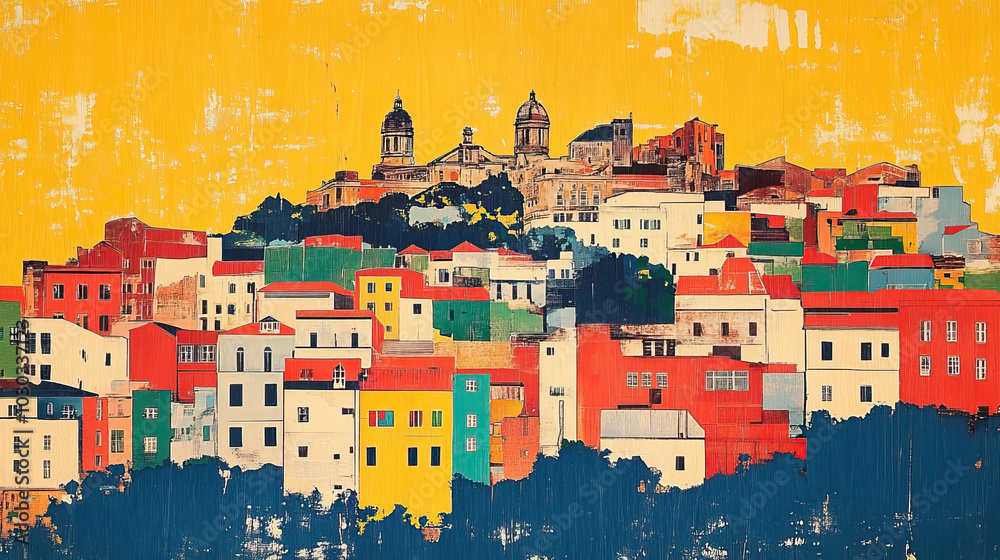 Obraz premium Antananarivo, classic traditional wood block print effect. Woodblock printing. Graphic designed, illustration for travel poster, card, wallpaper, backdrop or banner. Modern, trendy