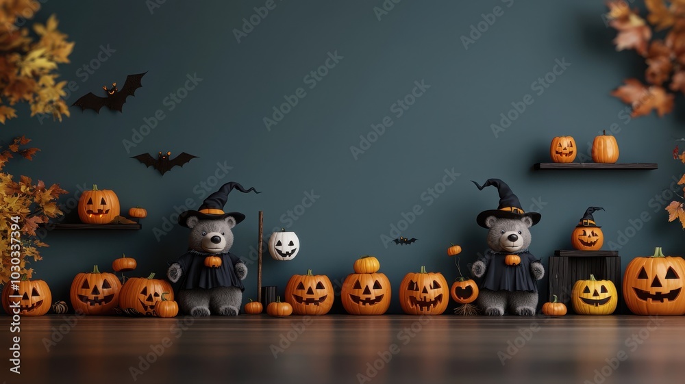 Fototapeta premium Halloween scene with teddy bears, pumpkins, and autumn leaves on a dark wall.