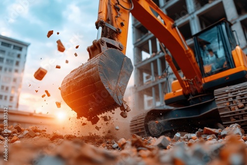 An action-packed scene at a construction site, featuring a powerful excavator breaking through concrete, symbolizing strength, development, and industrial progress.