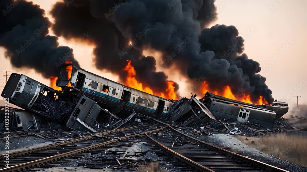 Fiery Train Wreckage with Thick Smoke and Flames